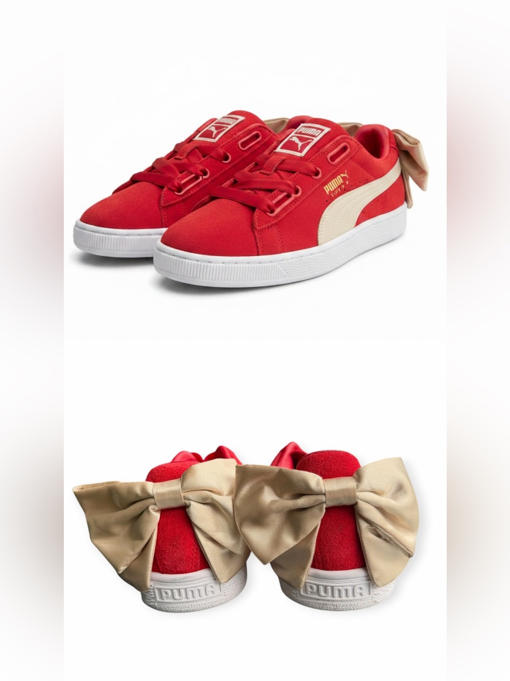 Puma Suede Bow Varsity Red Gold Leather Low Lace Up Womens Trainers Size 8.5